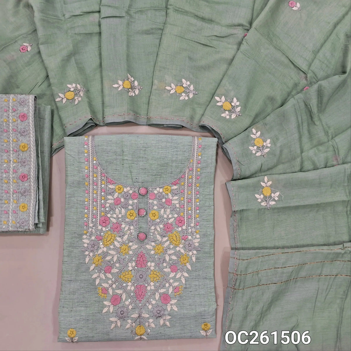Pastel blue slub silk cotton unstitched salwar material,embroidery work on yoke,( lining needed) embroidered slub silk cotton bottom, embroidery work on silk cotton dupatta. OC261506