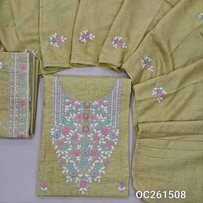 Pastel yellow slub silk cotton unstitched salwar material,embroidery work on yoke,( lining needed) embroidered slub silk cotton bottom, embroidery work on silk cotton dupatta. OC261508