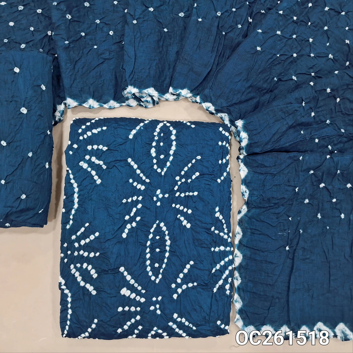Royal blue bandhini tie and dye pure cotton unstitched salwar material,(lining needed)tie & dye cotton bottom, tie & dye mul cotton dupatta with borders. OC261518