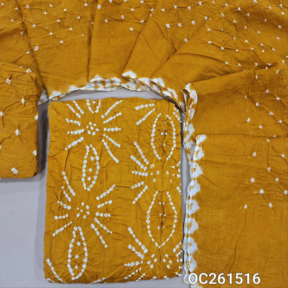 Mehandhi yellow bandhini tie and dye pure cotton unstitched salwar material,(lining needed)tie & dye cotton bottom, tie & dye mul cotton dupatta with borders. OC261516