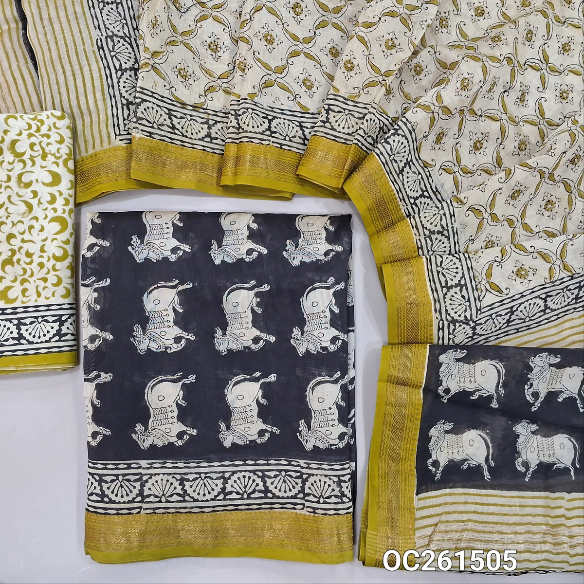 Black hand block printed pure maheshwari silk cotton unstitched salwar material( soft,lining needed)hand block printed cotton bottom, traditional hand  block printed pure maheshwari silk cotton dupatta with borders.(TAPPING NEEDED) OC261505