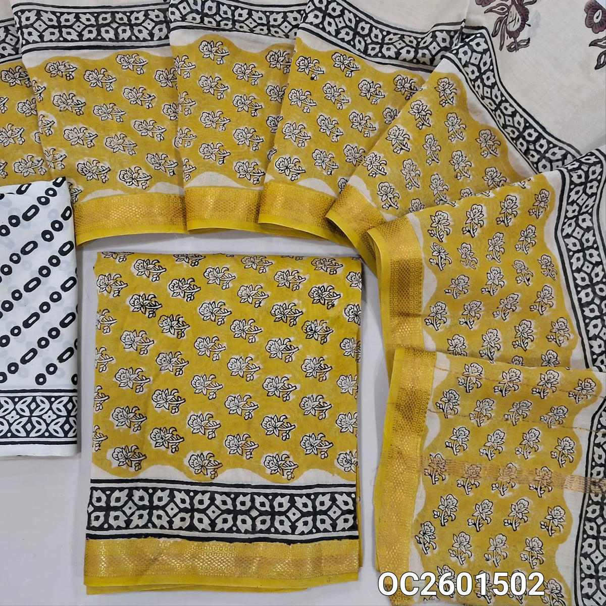 Mehandhi yellow hand block printed pure maheshwari silk cotton unstitched salwar material( soft,lining needed)hand block printed cotton bottom, traditional hand  block printed pure maheshwari silk cotton dupatta with borders.(TAPPING NEEDED) OC261502