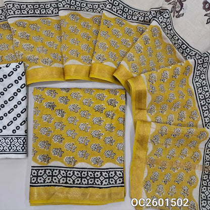 Mehandhi yellow hand block printed pure maheshwari silk cotton unstitched salwar material( soft,lining needed)hand block printed cotton bottom, traditional hand  block printed pure maheshwari silk cotton dupatta with borders.(TAPPING NEEDED) OC261502
