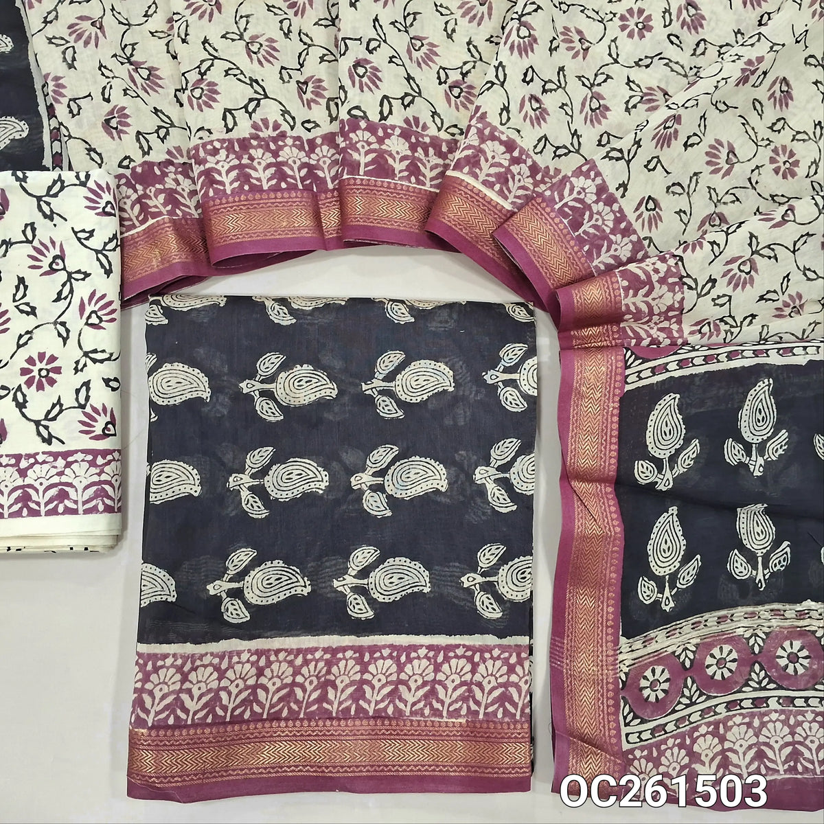 Black hand block printed pure maheshwari silk cotton unstitched salwar material( soft,lining needed)hand block printed cotton bottom, traditional hand  block printed pure maheshwari silk cotton dupatta with borders.(TAPPING NEEDED) OC261503
