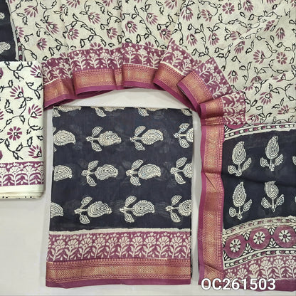 Black hand block printed pure maheshwari silk cotton unstitched salwar material( soft,lining needed)hand block printed cotton bottom, traditional hand  block printed pure maheshwari silk cotton dupatta with borders.(TAPPING NEEDED) OC261503