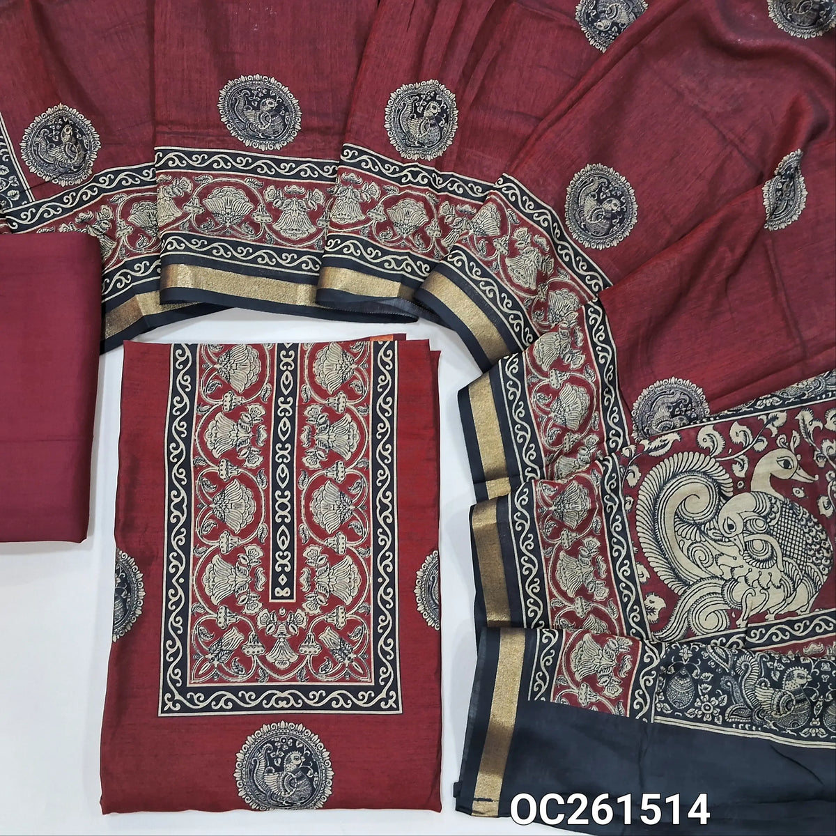 Dark maroon digital printed chanderi silk cotton unstitched salwar material,printed daman,(lining needed)spun cotton bottom, printed chanderi silk cotton dupatta with rich pallu & tissue borders. OC261514