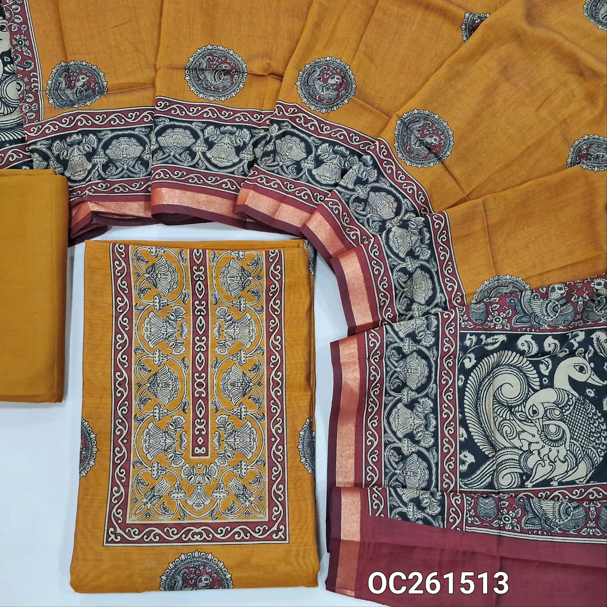 Mehandhi yellow digital printed chanderi silk cotton unstitched salwar material,printed daman,(lining needed)spun cotton bottom, printed chanderi silk cotton dupatta with rich pallu & tissue borders. OC261513