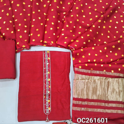 Designer red raw silk unstitched salwar material,zari, zarodzi and sequins on yoke, (lining needed)santoon bottom, tie and dye pure gaiji silk dupatta with gold tissue pallu. OC261601