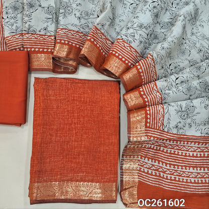 Brick red chanderi silk cotton unstitched salwar material,printed all over,zari borders,(lining needed)spun cotton bottom, digital printed full length chanderi silk cotton dupatta with zari woven borders.(DRY CLEAN ONLY) OC261602
