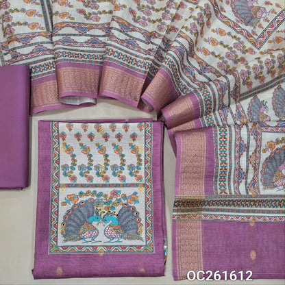 Pink shade digital printed silk cotton unstitched salwar material, peacock printed yoke,zari buttas all over,(lining needed)cotton bottom, digital printed silk cotton dupatta with zari woven borders. OC261612