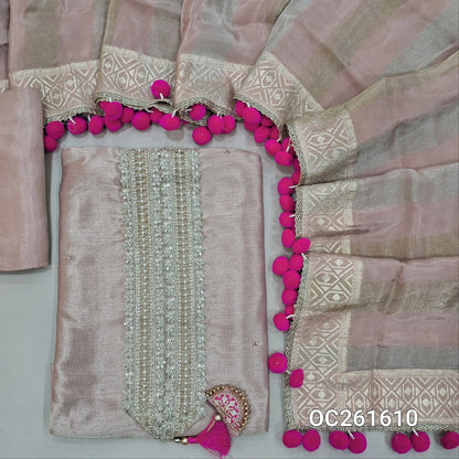 Salmon pink with golden tint premium tissue silk unstitched salwar material,zari, zarodzi & sequins on yoke,(Lining Needed)silk bottom,silver & gold zari weaving tissue silk dupatta with handmade pom pom tapping & borders. OC261610
