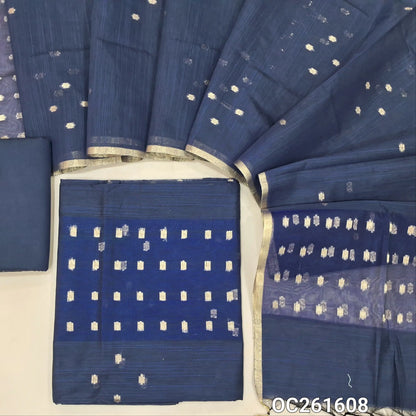 Dark blue slub silk cotton unstitched salwar material, zari woven buttas all over,organza daman(thin fabric, lining needed)silk cotton bottom, buttas on slub silk cotton dupatta with organza pallu. OC261608