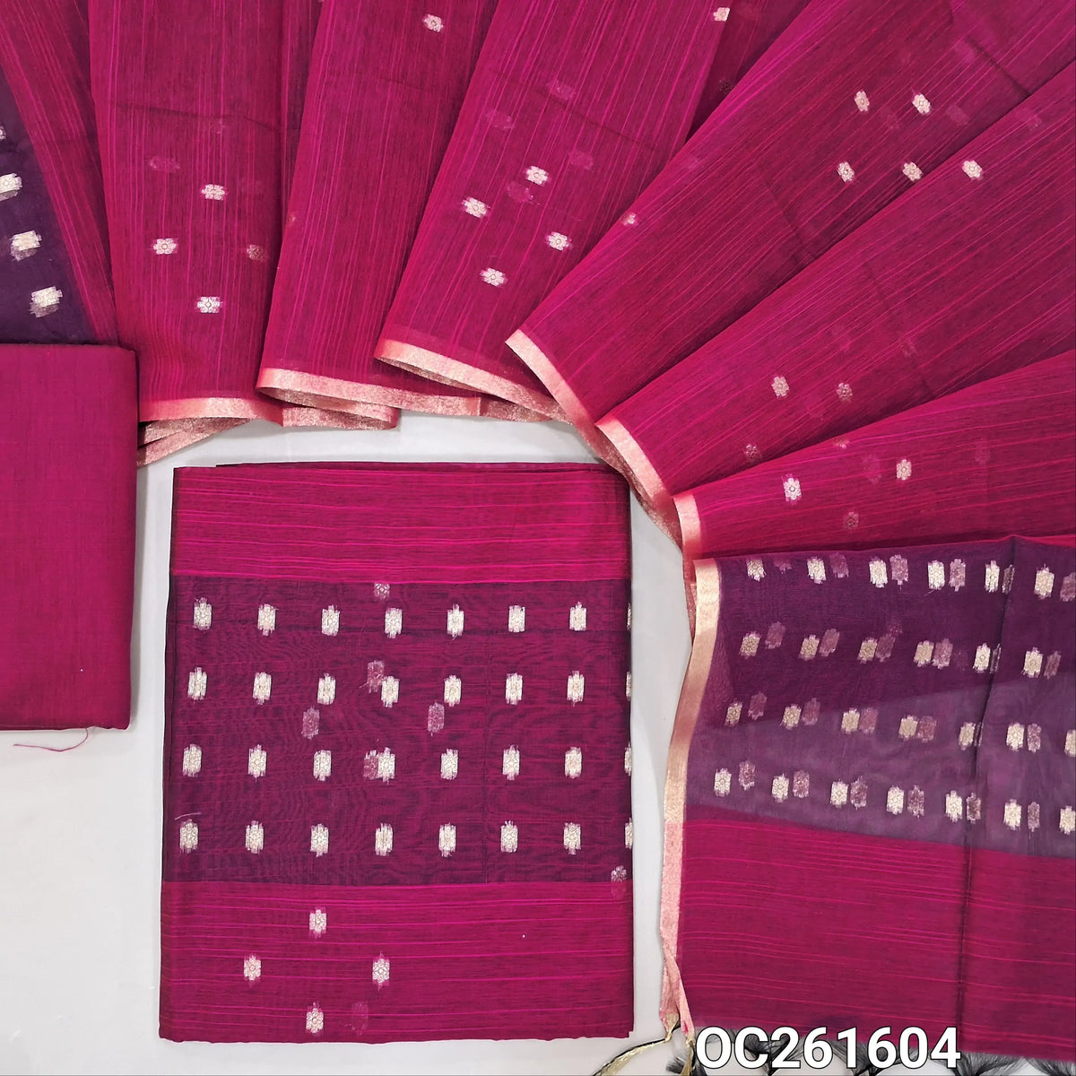 Beetroot purple slub silk cotton unstitched salwar material, zari woven buttas all over,organza daman(thin fabric, lining needed)silk cotton bottom, buttas on slub silk cotton dupatta with organza pallu. OC261604
