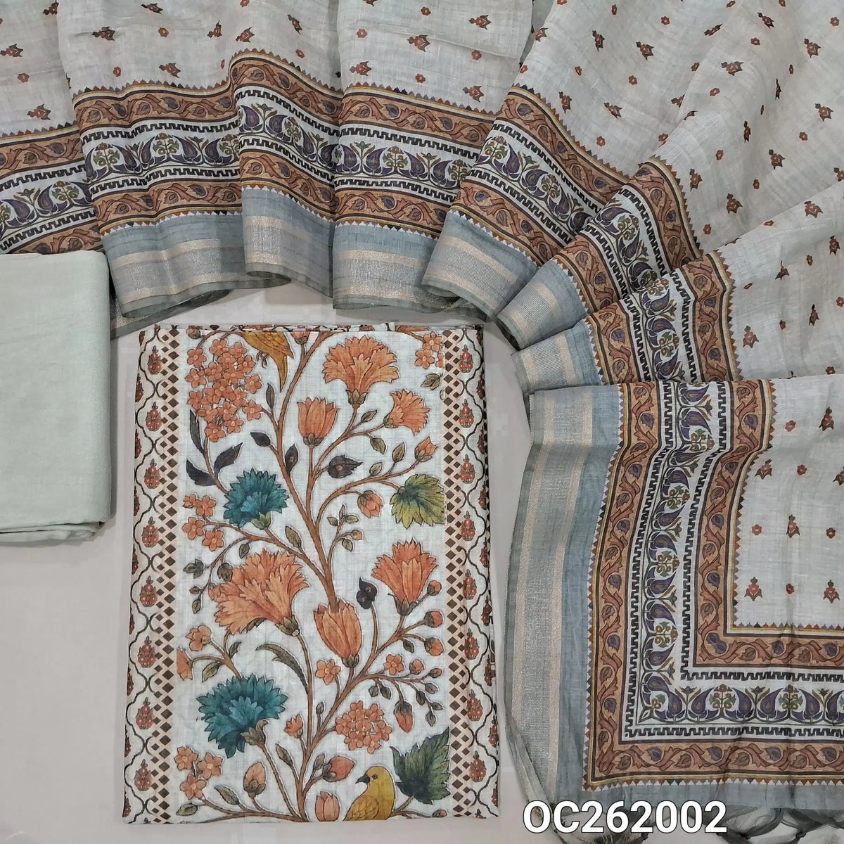 Light beige digital printed silk cotton unstitched salwar material (yellow) (Lightweight, Lining Needed)matching santoon bottom, lightweight digital printed silk cotton dupatta with borders. OC262002
