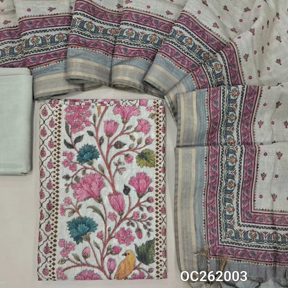 Light beige digital printed silk cotton unstitched salwar material (Pink) (Lightweight, Lining Needed)matching santoon bottom, lightwieght digital printed silk cotton dupatta with borders. OC262003