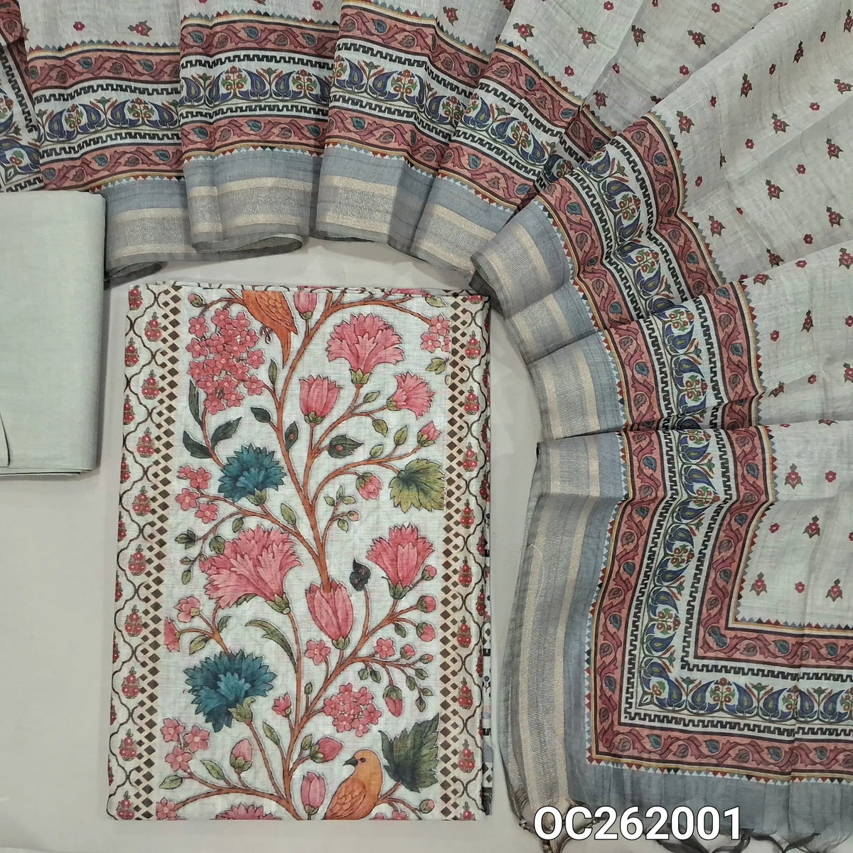 Light beige digital printed silk cotton unstitched salwar material (peach) (Lightweight, Lining Needed)matching santoon bottom, lightweight digital printed silk cotton dupatta with borders. OC262001