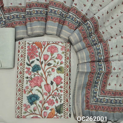 Light beige digital printed silk cotton unstitched salwar material (peach) (Lightweight, Lining Needed)matching santoon bottom, lightweight digital printed silk cotton dupatta with borders. OC262001