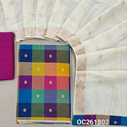 PREORDER 1 WEEK TO SHIP Multicoloured handloom cotton unstitched salwar material,thread woven and checked design all over(lining optional)rani pink silk cotton bottom, zari buttas on mul cotton dupatta with zari woven borders & printed tapping. OC261802