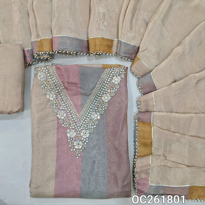 Multicoloured with golden tint tissue organza silk unstitched salwar material, V neck with zarodzi, sequins and pearl bead on yoke, (lining needed)beige santoon bottom, sequins on tissue silk dupatta with pearl beaded tapping. OC261801