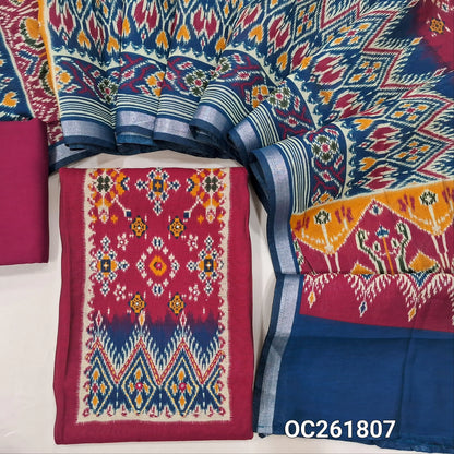 Dark pink & royal blue chanderi silk cotton unstitched salwar material, patola printed yoke with kantha stitch & mirror work,(lining needed)spun cotton bottom, digital printed full length premium chanderi silk cotton dupatta with tissue borders. OC261807