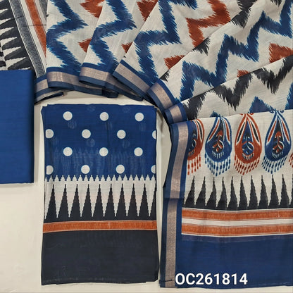 Dark blue chanderi silk cotton unstitched salwar material,polka design all over, temple border,(lining needed)spun cotton bottom, digital printed chanderi silk cotton dupatta with printed pallu. OC261814