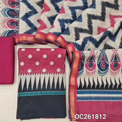 Dark pink chanderi silk cotton unstitched salwar material,polka design all over, temple border,(lining needed)spun cotton bottom, digital printed chanderi silk cotton dupatta with printed pallu. OC261812