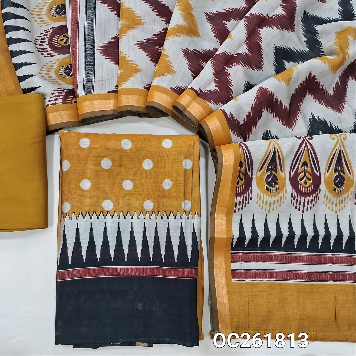 Mehandhi yellow chanderi silk cotton unstitched salwar material,polka design all over, temple border,(lining needed)spun cotton bottom, digital printed chanderi silk cotton dupatta with printed pallu. OC261813