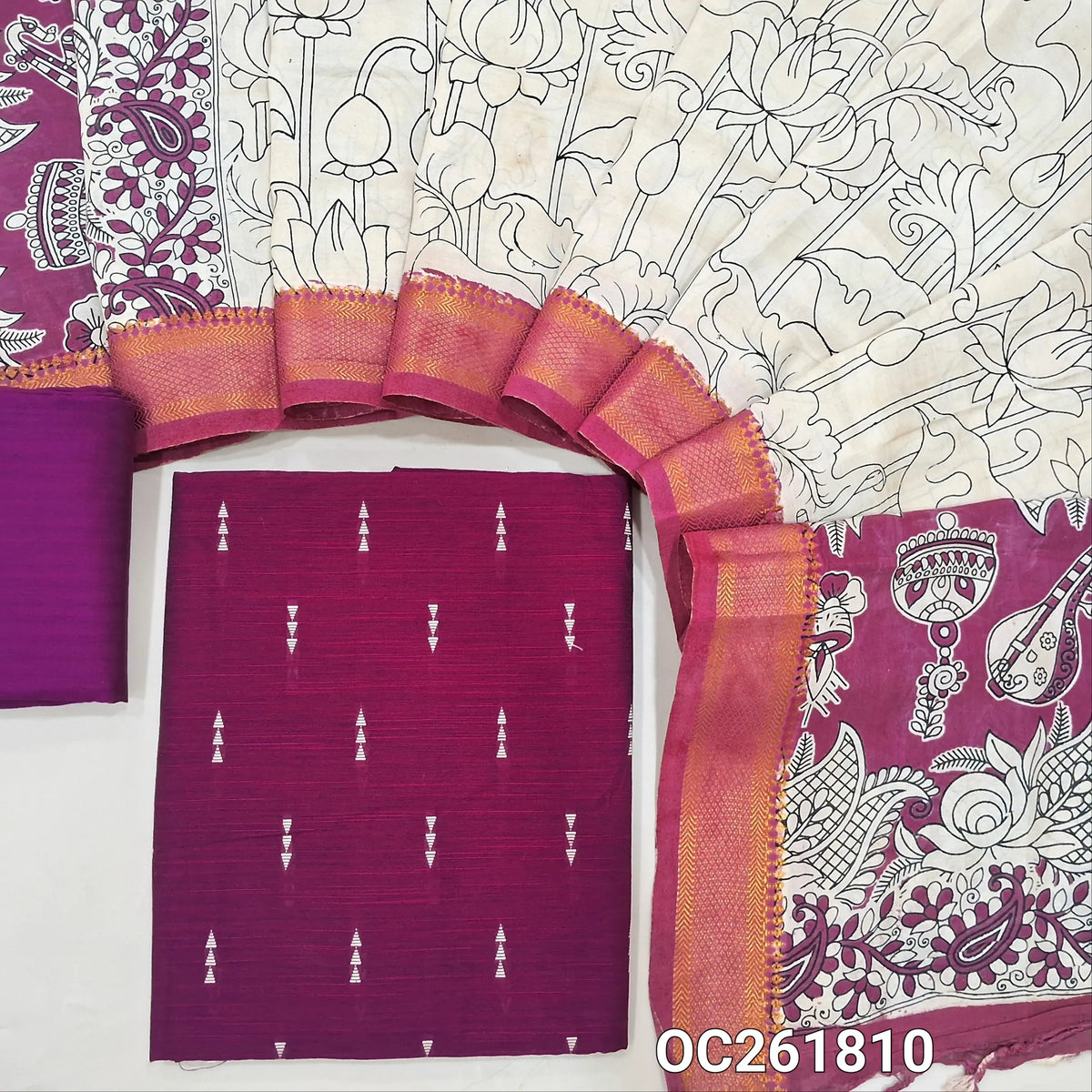 Rani pink premium raw silk unstitched salwar material,thread weaving buttas all over, (textured, Lining needed) silk bottom, pen kalamkari chennuri silk dupatta with nizam borders (INCONSISTENT STAINS ARE NOT DEFECTS). OC261810