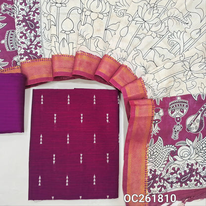 Rani pink premium raw silk unstitched salwar material,thread weaving buttas all over, (textured, Lining needed) silk bottom, pen kalamkari chennuri silk dupatta with nizam borders (INCONSISTENT STAINS ARE NOT DEFECTS). OC261810