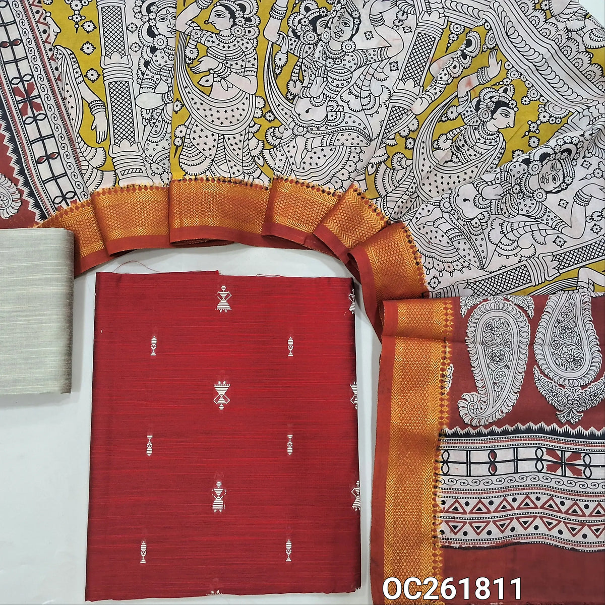 Dark maroon premium raw silk unstitched salwar material,thread weaving buttas all over, (textured, Lining needed) beige silk bottom, pen kalamkari chennuri silk dupatta with nizam borders (INCONSISTENT STAINS ARE NOT DEFECTS). OC261809