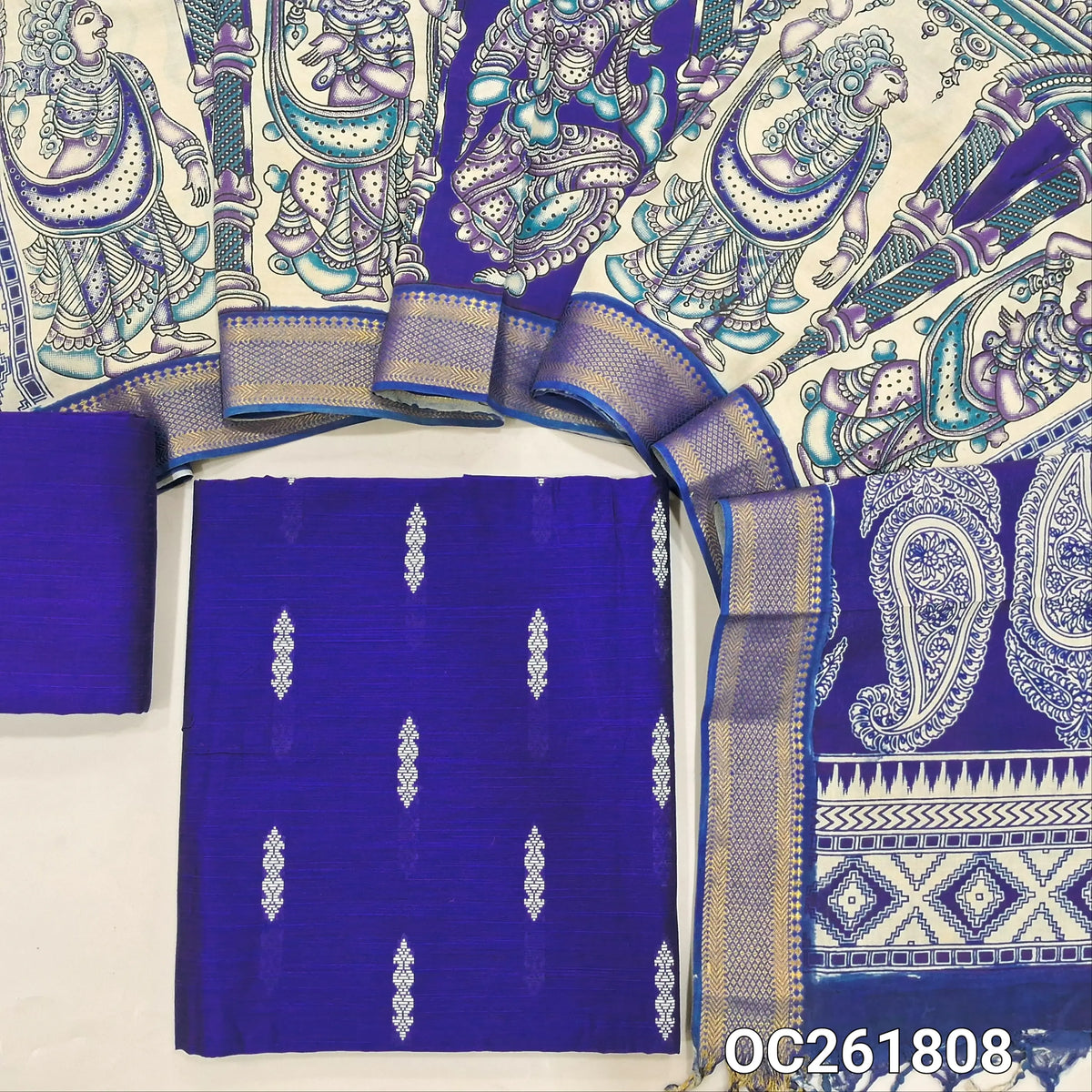 Royal blue premium raw silk unstitched salwar material,thread weaving buttas all over, (textured, Lining needed) silk bottom, pen kalamkari chennuri silk dupatta with nizam borders (INCONSISTENT STAINS ARE NOT DEFECTS). OC261808