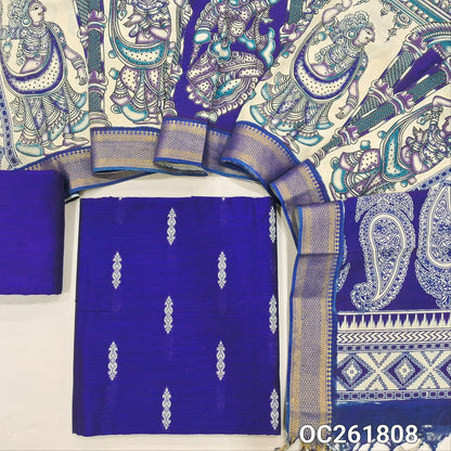 Royal blue premium raw silk unstitched salwar material,thread weaving buttas all over, (textured, Lining needed) silk bottom, pen kalamkari chennuri silk dupatta with nizam borders (INCONSISTENT STAINS ARE NOT DEFECTS). OC261808