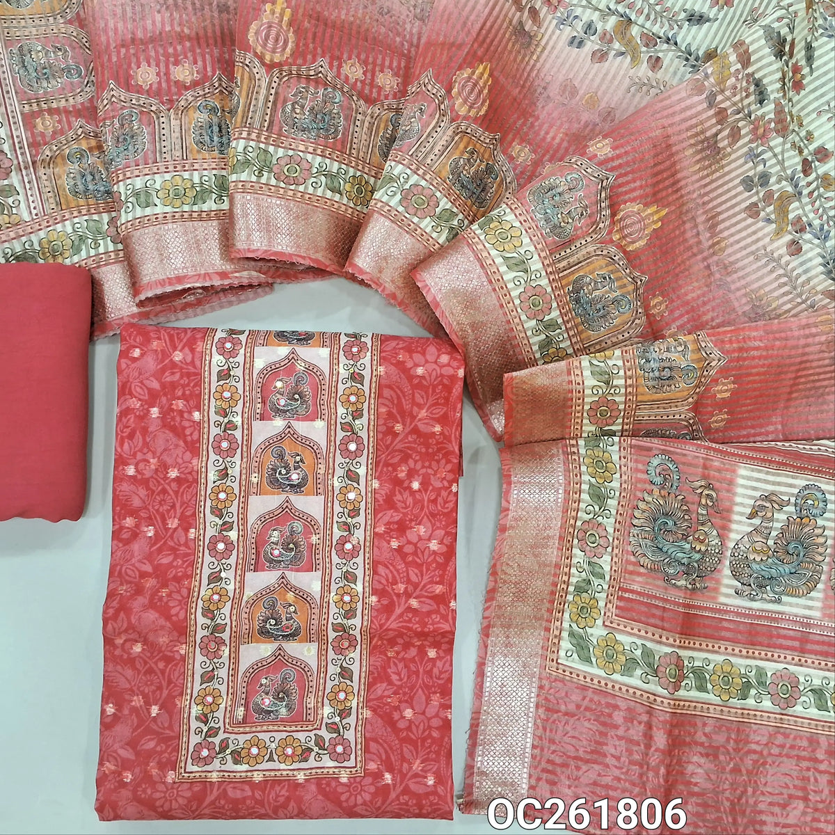 Dark peachish pink digital printed silk cotton unstitched salwar material,printed yoke, zari woven buttas on front,(lining needed)spun cotton bottom, digital printed tissue organza dupatta with benarasi zari woven borders. OC261806