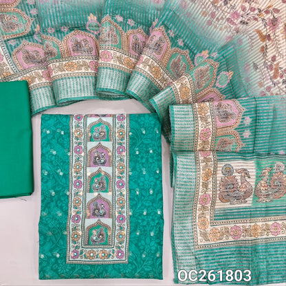 Turquoise blue digital printed silk cotton unstitched salwar material,printed yoke, zari woven buttas on front,(lining needed)spun cotton bottom, digital printed tissue organza dupatta with benarasi zari woven borders. OC261803