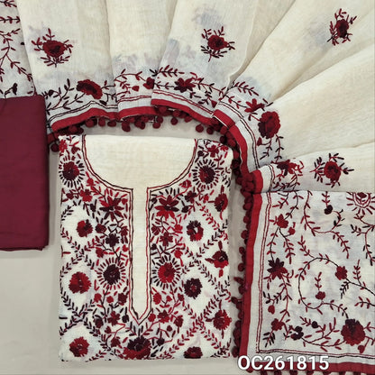 Off white base silk cotton unstitched salwar material,heavy hand embroidery work on front,(EMBROIDERY PATTERN MIGHT VARY)(lining needed)maroon santoon bottom,silk cotton dupatta with rich pallu and borders with pom pom tapping. OC261815