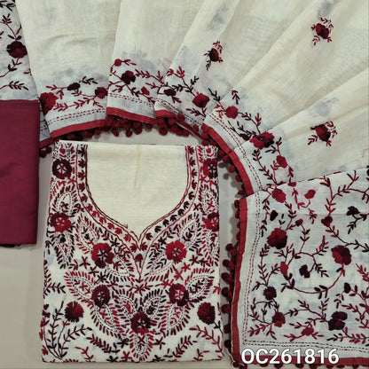 Off white base silk cotton unstitched salwar material,heavy hand embroidery work on front,(EMBROIDERY PATTERN MIGHT VARY)(lining needed)maroon santoon bottom,silk cotton dupatta with rich pallu and borders with pom pom tapping. OC261816