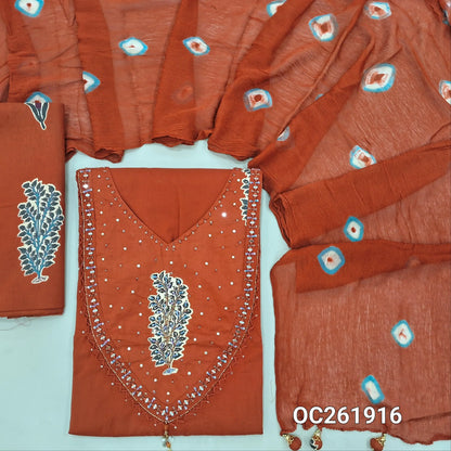Designer brick red pure cotton unstitched salwar material, printed with real mirror, cut bead and sequins(lining optional)printed cotton bottom,tie and dye work on pure chiffon stole. OC261916