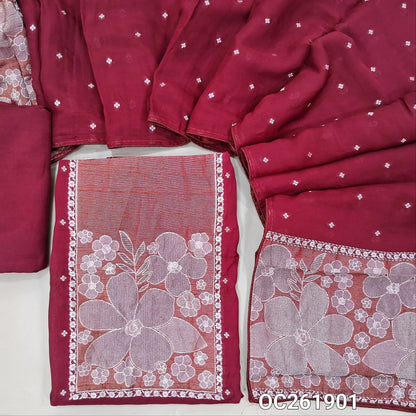 Dark pink premium benarasi kora unstitched salwar material, rich silver zari weaving on yoke,silver zari buttas all over,(Soft, Silky, Lining Needed)santoon bottom,silver zari buttas on benarasi kora dupatta with zari weaving. OC261901