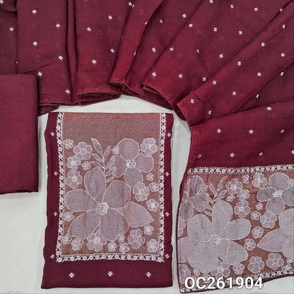 Dark maroon premium benarasi kora unstitched salwar material, rich silver zari weaving on yoke,silver zari buttas all over,(Soft, Silky, Lining Needed)santoon bottom,silver zari buttas on benarasi kora dupatta with zari weaving. OC261904