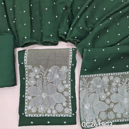 Dark green premium benarasi kora unstitched salwar material, rich silver zari weaving on yoke,silver zari buttas all over,(Soft, Silky, Lining Needed)santoon bottom,silver zari buttas on benarasi kora dupatta with zari weaving. OC261903