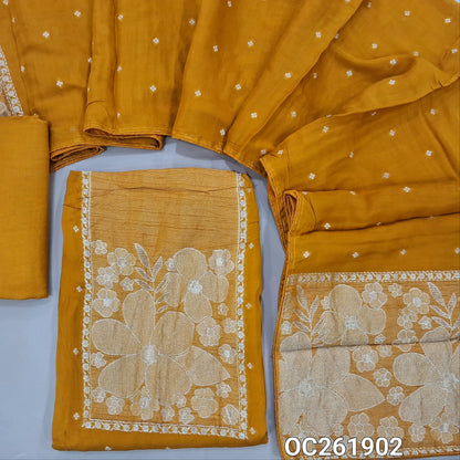 Mehandhi yellow premium benarasi kora unstitched salwar material, rich silver zari weaving on yoke,silver zari buttas all over,(Soft, Silky, Lining Needed)santoon bottom,silver zari buttas on benarasi kora dupatta with zari weaving. OC261902
