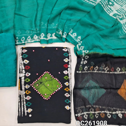 Black base multicoloured wax batik dyed premium satin cotton unstitched salwar material, faux mirror work all over,panel design(lining needed)turquoise green spun cotton bottom, batik design on chiffon dupatta with contrast pallu. OC261908