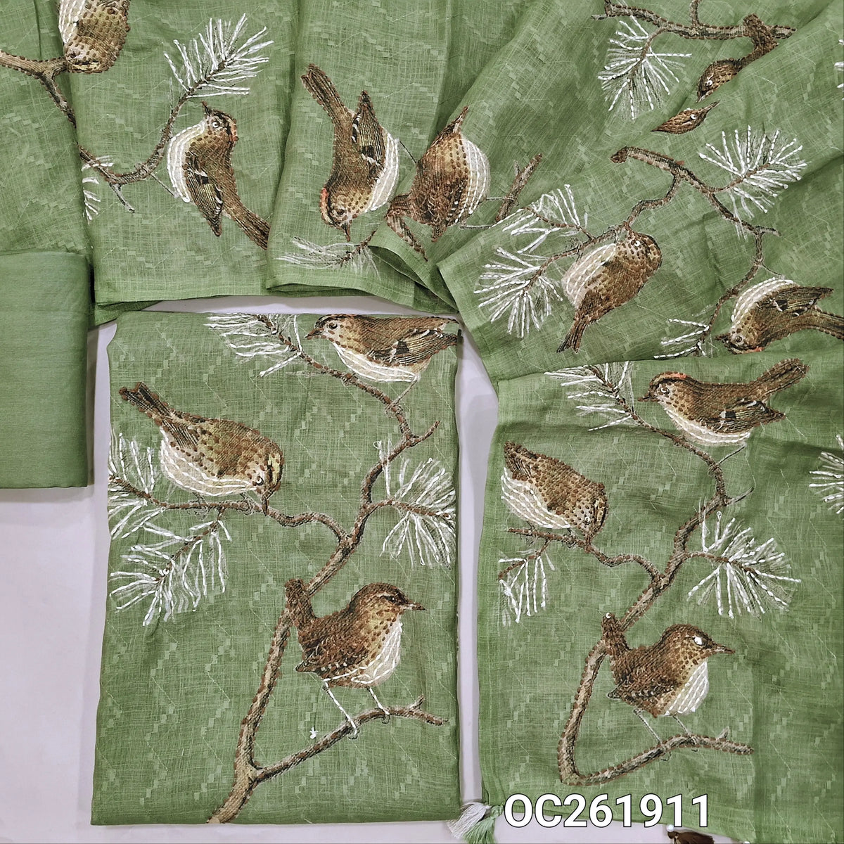 Sage green pure linen unstitched salwar material, printed with kantha stitch work all over, (lining needed)santoon bottom,digital printed  linen dupatta. OC261911