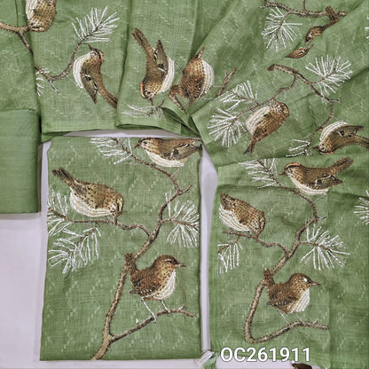 Sage green pure linen unstitched salwar material, printed with kantha stitch work all over, (lining needed)santoon bottom,digital printed  linen dupatta. OC261911