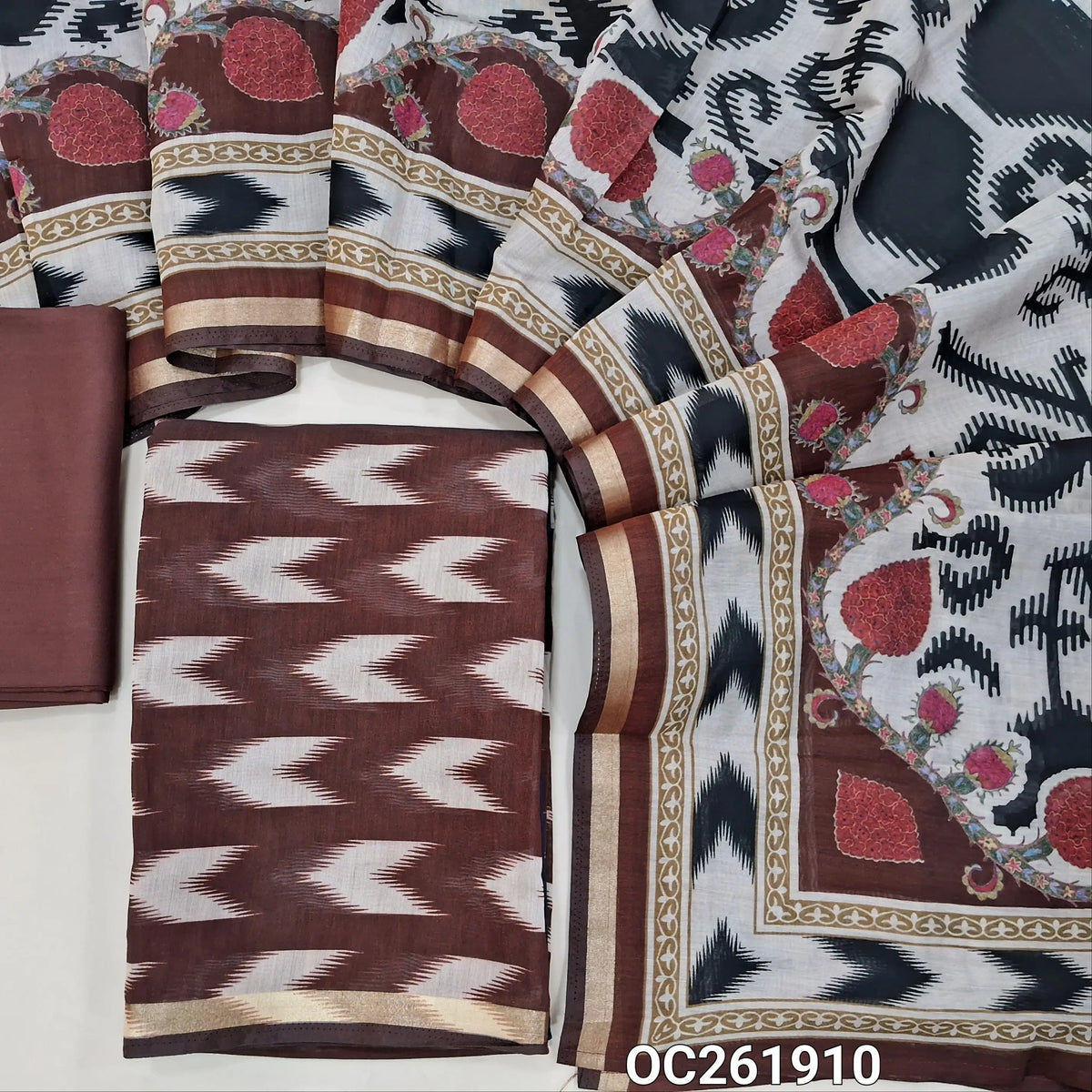 Dark maroon printed chanderi silk cotton unstitched salwar material, (lining needed)spun cotton bottom, digital printed chanderi silk cotton dupatta with tissue borders. OC261910
