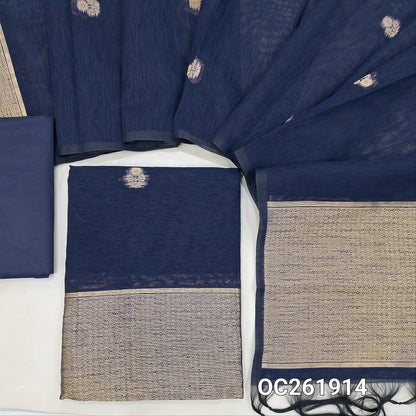 Dark blue premium tussar jamdani unstitched salwar material,antic gold zari buttas all over, rich daman,(Thin, textured, lining needed)silk cotton bottom, buttas on benarasi tussar dupatta with rich pallu. OC261914