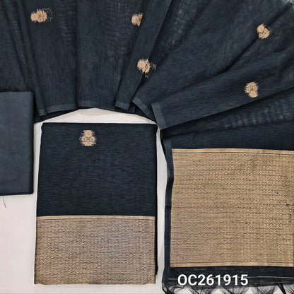 Black premium tussar jamdani unstitched salwar material,antic gold zari buttas all over, rich daman,(Thin, textured, lining needed)silk cotton bottom, buttas on benarasi tussar dupatta with rich pallu. OC261915