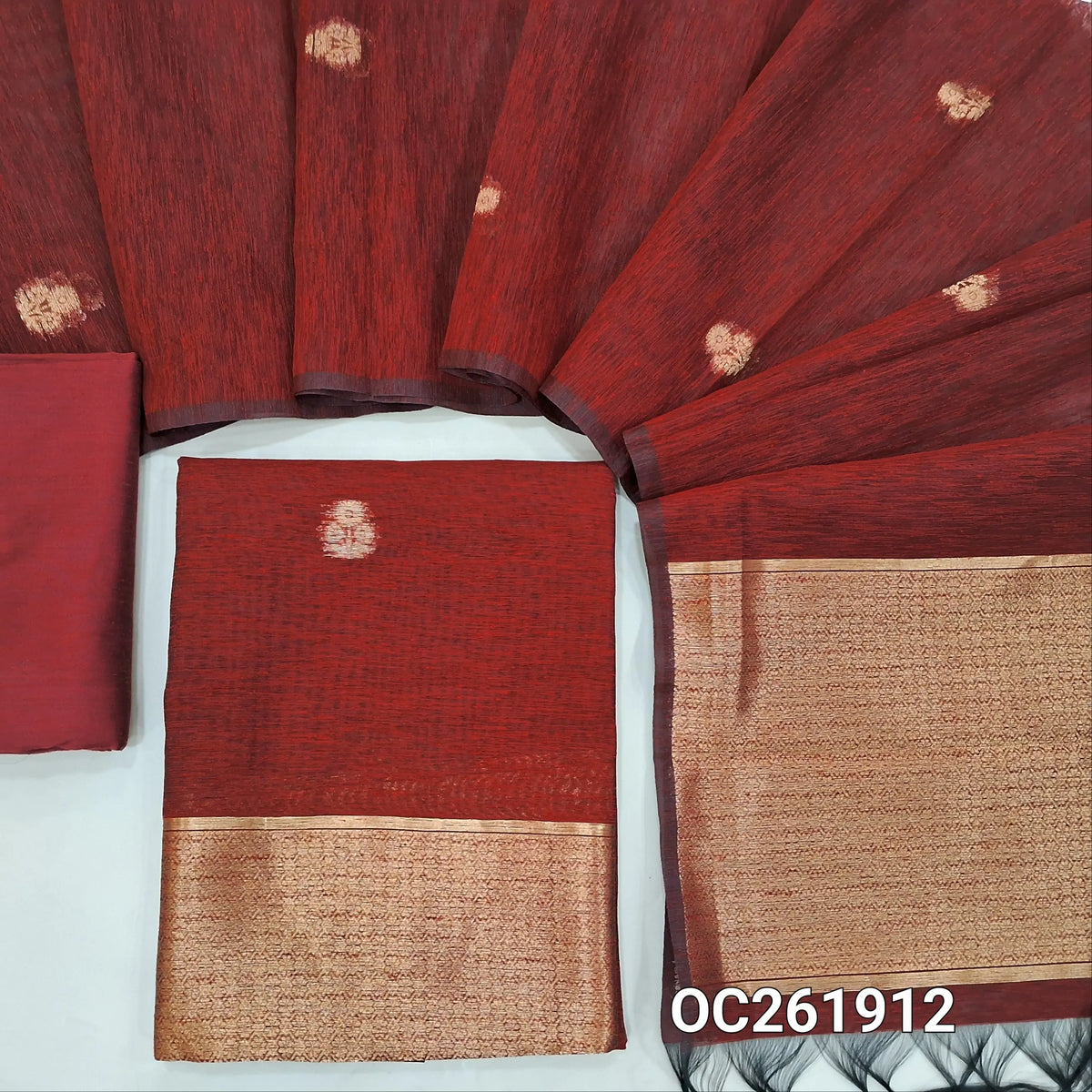 Dark maroon premium tussar jamdani unstitched salwar material,antic gold zari buttas all over, rich daman,(Thin, textured, lining needed)silk cotton bottom, buttas on benarasi tussar dupatta with rich pallu. OC261912