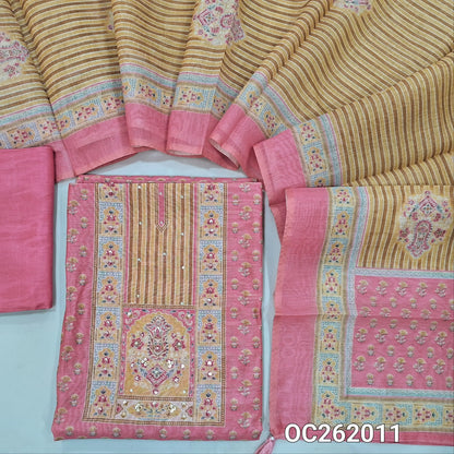 Pastel pink digital printed premium silk cotton unstitched salwar material, simple yoke (Thin, Lining Needed)matching santoon bottom, digital printed silk cotton dupatta. OC262011