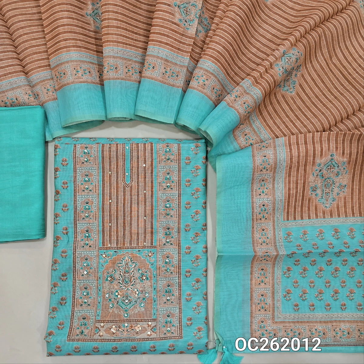 Pastel blue digital printed premium silk cotton unstitched salwar material, simple yoke (Thin, Lining Needed)matching santoon bottom, digital printed silk cotton dupatta. OC262012